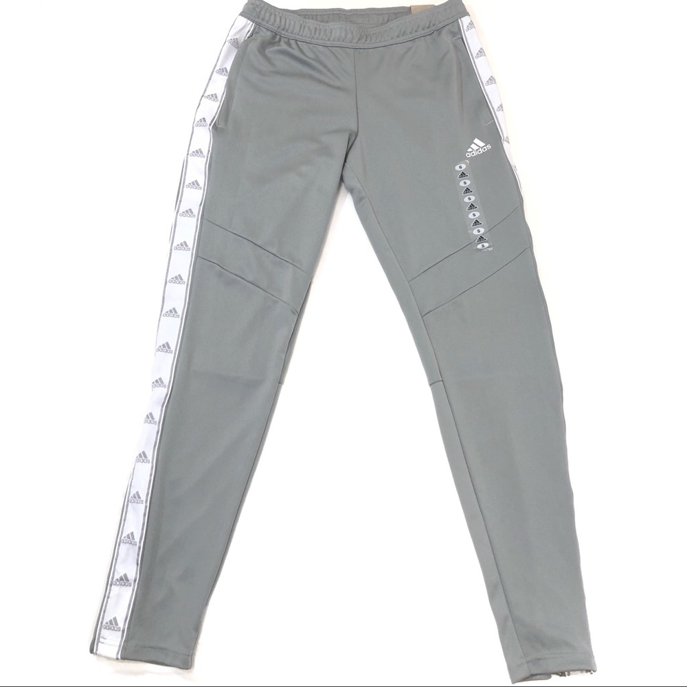 NWT Adidas Gray and White Stripe Logo Track Pants Size S